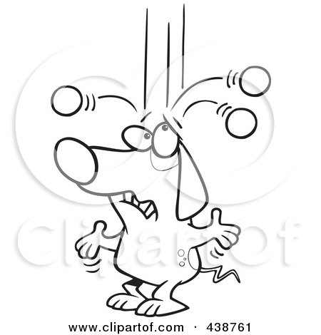 Royalty-Free (RF) Clip Art Illustration of a Cartoon Black And White Outline Design Of An Old Dog Trying To Juggle Balls by toonaday