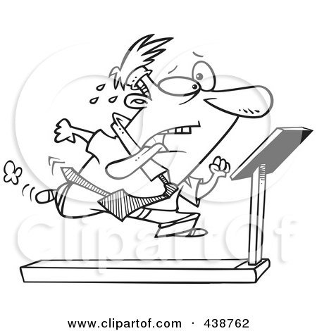 Royalty-Free (RF) Clip Art Illustration of a Cartoon Black And White Outline Design Of A Businessman Running On A Treadmill In The Office Gym by toonaday