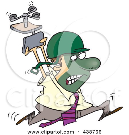 Royalty-Free (RF) Clip Art Illustration of a Cartoon Businessman Running Through The Office With Face Paint, A Helmet And Chair Above His Head by toonaday