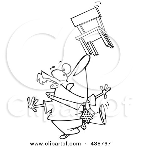 Royalty-Free (RF) Clip Art Illustration of a Cartoon Black And White Outline Design Of A Businessman Balancing A Chair On His Nose by toonaday