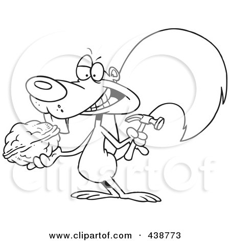 Royalty-Free (RF) Clip Art Illustration of a Cartoon Black And White Outline Design Of A Squirrel Holding A Nut And Hammer by toonaday