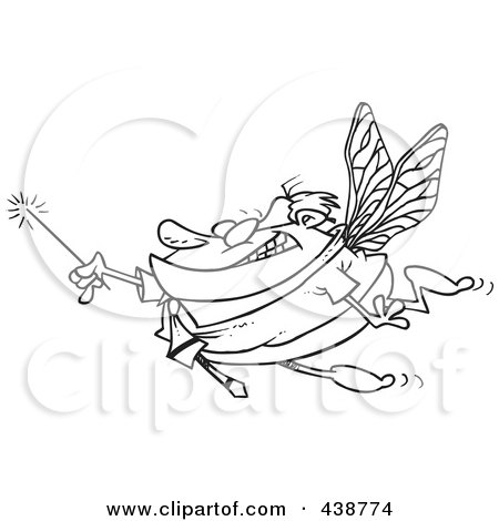 Royalty-Free (RF) Clip Art Illustration of a Cartoon Black And White Outline Design Of A Businessman Fairy Holding A Magic Wand by toonaday