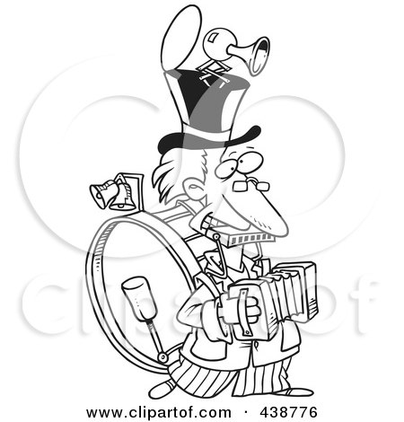 Royalty-Free (RF) Clip Art Illustration of a Cartoon Black And White Outline Design Of A One Man Band by toonaday