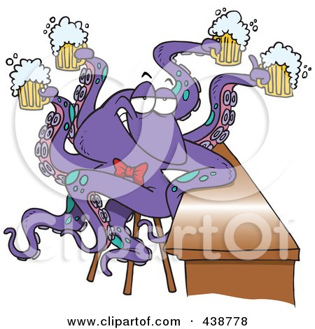 Royalty-Free (RF) Clip Art Illustration of a Cartoon Octopus Bartender Serving Beer by toonaday