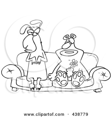 Royalty-Free (RF) Clip Art Illustration of a Cartoon Black And White Outline Design Of A Bear And Llama Couple On A Couch by toonaday