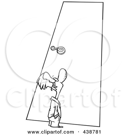 Royalty-Free (RF) Clip Art Illustration of a Cartoon Black And White Outline Design Of A Tiny Businessman Looking Up At A Door by toonaday