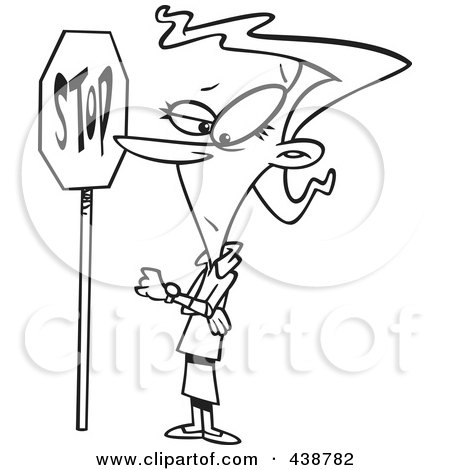 Royalty-Free (RF) Clip Art Illustration of a Cartoon Black And White Outline Design Of An Obedient Woman Standing By A Stop Sign by toonaday