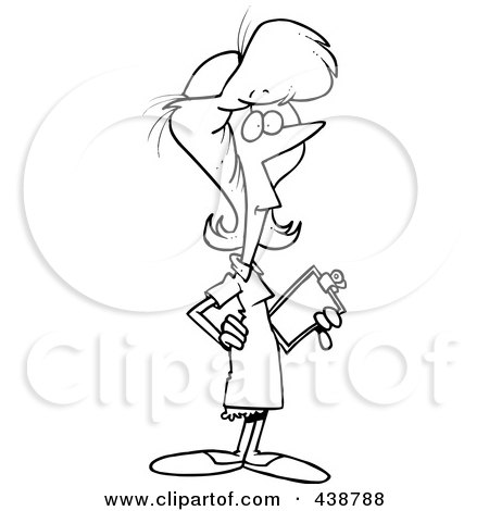 Royalty-Free (RF) Clip Art Illustration of a Cartoon Black And White Outline Design Of A Nurse With A Clipboard by toonaday