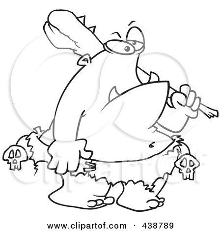 Royalty-Free (RF) Clip Art Illustration of a Cartoon Black And White Outline Design Of An Ogre Carrying A Club by toonaday