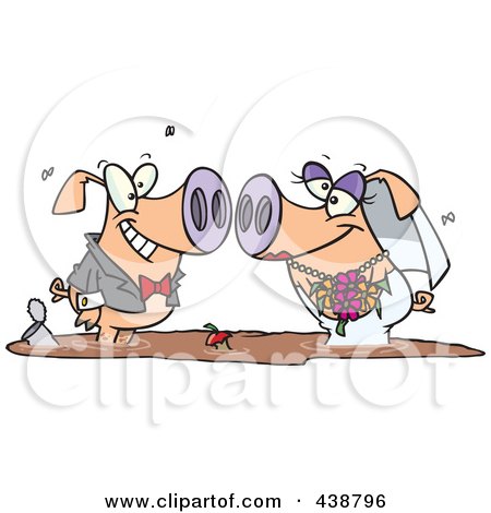 Royalty-Free (RF) Clip Art Illustration of a Cartoon Pig Wedding Couple In A Puddle Of Mud by toonaday