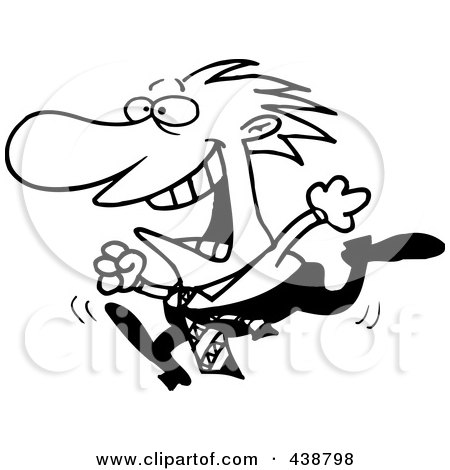 Royalty-Free (RF) Clip Art Illustration of a Cartoon Black And White Outline Design Of A Businessman Happily Running by toonaday