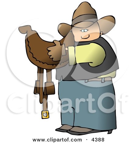 Cowboy Carrying a Brown Leather Horse Saddle Clipart by djart