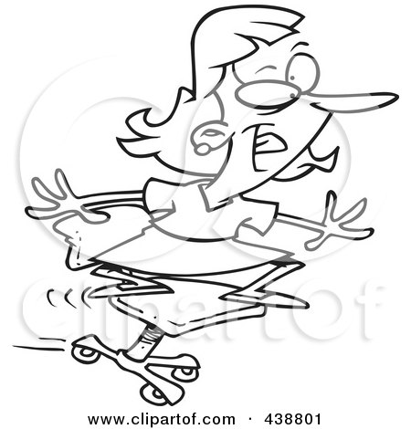 Royalty-Free (RF) Clip Art Illustration of a Cartoon Black And White Outline Design Of A Businesswoman Surfing On Her Office Chair by toonaday