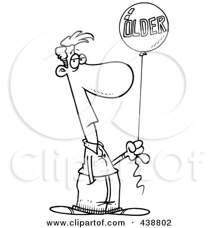 Royalty-Free (RF) Clip Art Illustration of a Cartoon Black And White Outline Design Of A Man Holding An Older Birthday Balloon by toonaday