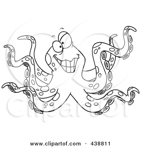 Royalty-Free (RF) Clip Art Illustration of a Cartoon Black And White Outline Design Of An Octopus Smiling by toonaday
