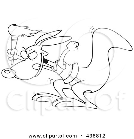 Royalty-Free (RF) Clip Art Illustration of a Cartoon Black And White Outline Design Of An Olympic Kangaroo With A Torch by toonaday