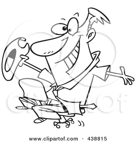 Royalty-Free (RF) Clip Art Illustration of a Cartoon Black And White Outline Design Of A Businessman Riding A Chair Like A Rodeo Cowboy by toonaday