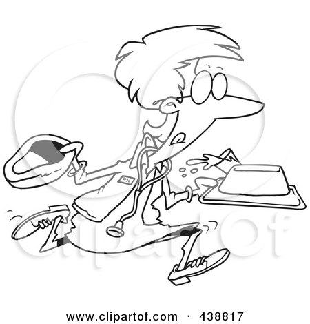Royalty-Free (RF) Clip Art Illustration of a Cartoon Black And White Outline Design Of A Running Nurse by toonaday