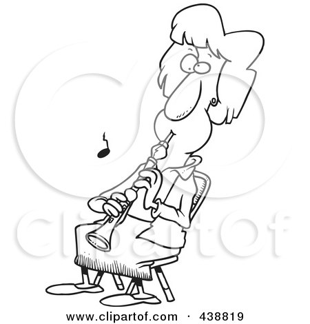 Royalty-Free (RF) Clip Art Illustration of a Cartoon Black And White Outline Design Of A Woman Sitting And Playing An Oboe by toonaday