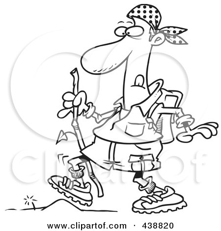 Royalty-Free (RF) Clip Art Illustration of a Cartoon Black And White Outline Design Of A Hiker Walking Over A Tiny Obstacle by toonaday