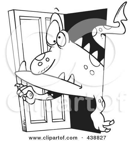 Royalty-Free (RF) Clip Art Illustration of a Cartoon Black And White Outline Design Of A Monster Coming Through A Door by toonaday