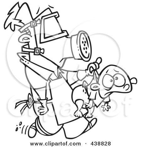 Royalty-Free (RF) Clip Art Illustration of a Cartoon Black And White Outline Design Of A New Dad Wearing Protective Gear And Carrying A Baby by toonaday