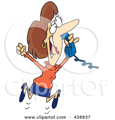 Royalty-Free (RF) Clip Art Illustration of a Cartoon Woman Jumping And Hearing Happy News On The Phone by toonaday