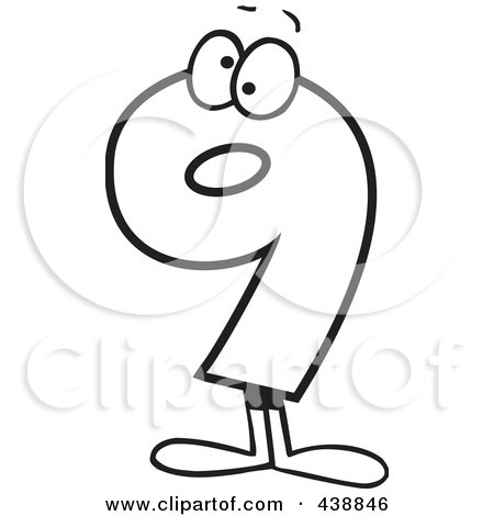 Royalty-Free (RF) Clip Art Illustration of a Cartoon Black And White Outline Design Of A Number Nine Character by toonaday