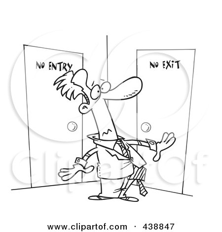 Royalty-Free (RF) Clip Art Illustration of a Cartoon Black And White Outline Design Of A Man Stuck In A Room With No Exit by toonaday