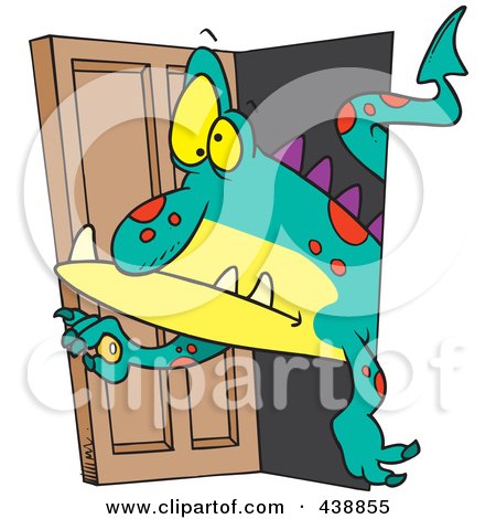 Royalty-Free (RF) Clip Art Illustration of a Cartoon Monster Coming Through A Door by toonaday