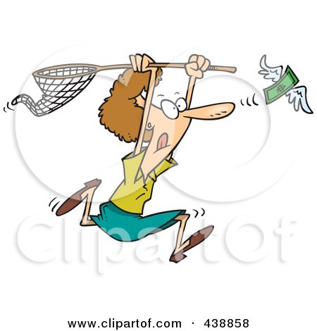 Royalty-Free (RF) Clip Art Illustration of a Cartoon Woman Chasing Money With A Net by toonaday