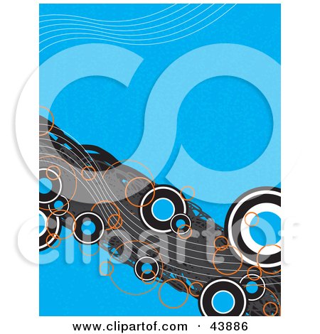 Clipart Illustration of a Blue Background With Funky Blue And Orange Circles On A Gray Wave by Arena Creative