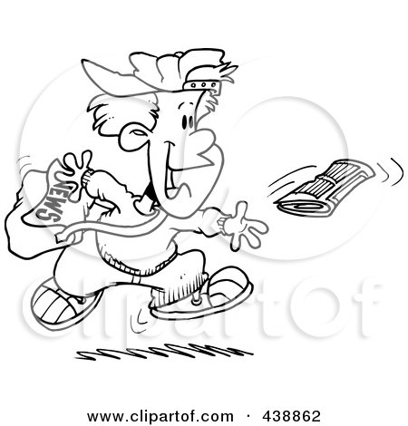 Royalty-Free (RF) Clip Art Illustration of a Cartoon Black And White Outline Design Of A Boy Tossing A Newspaper by toonaday