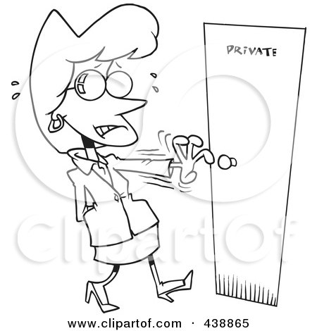 Royalty-Free (RF) Clip Art Illustration of a Cartoon Black And White Outline Design Of A Nervous Woman Opening A Private Door by toonaday