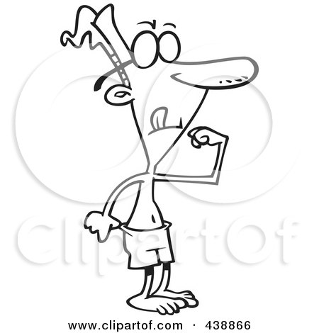 Royalty-Free (RF) Clip Art Illustration of a Cartoon Black And White Outline Design Of A Skinny Man Trying To Flex by toonaday