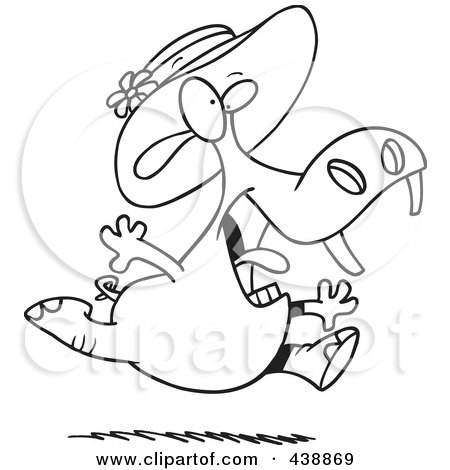 Royalty-Free (RF) Clip Art Illustration of a Cartoon Black And White Outline Design Of A Hippo Running In A New Hat by toonaday