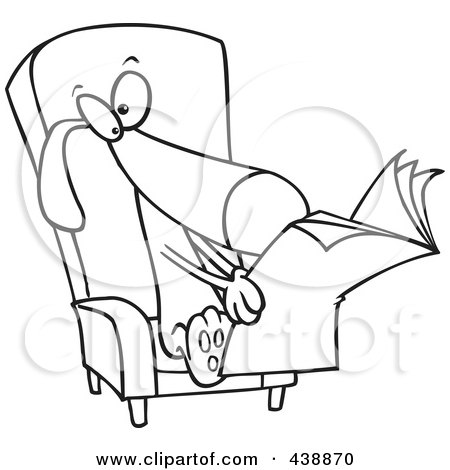 Royalty-Free (RF) Clip Art Illustration of a Cartoon Black And White Outline Design Of A Chair And Reading The News by toonaday