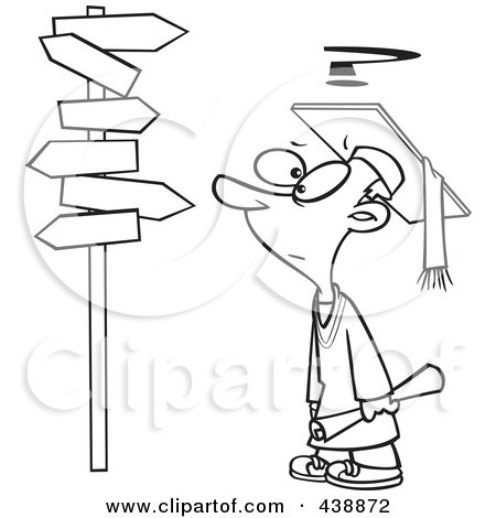 Royalty-Free (RF) Clip Art Illustration of a Cartoon Black And White Outline Design Of A Graduate Boy Staring At Many Signs by toonaday