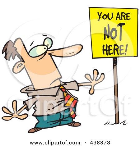 Royalty-Free (RF) Clip Art Illustration of a Cartoon Businessman Staring At A You Are Not Here Sign by toonaday