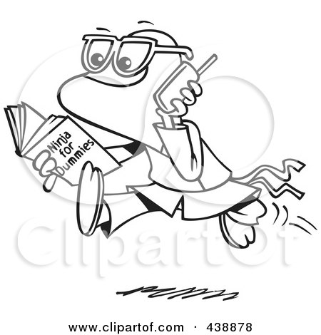Royalty-Free (RF) Clip Art Illustration of a Cartoon Black And White Outline Design Of A Man Reading A Ninja For Dummies Book by toonaday
