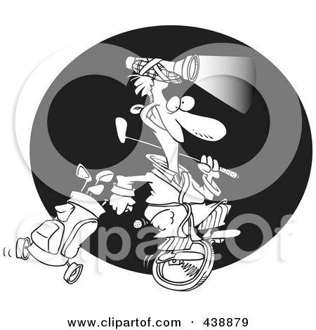 Royalty-Free (RF) Clip Art Illustration of a Cartoon Black And White Outline Design Of A Man Golfing At Night by toonaday