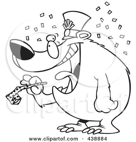 Royalty-Free (RF) Clip Art Illustration of a Cartoon Black And White Outline Design Of A New Year Bear Holding A Noise Maker by toonaday