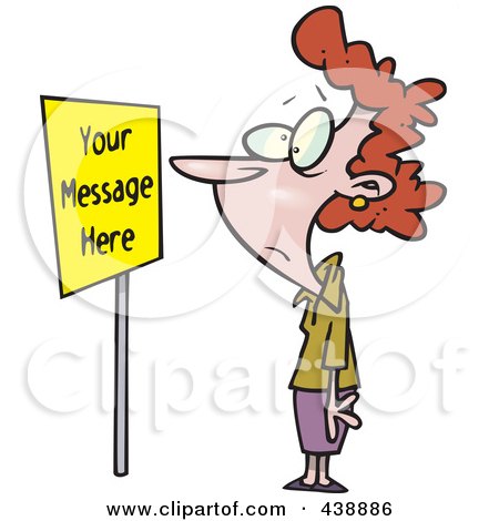 Royalty-Free (RF) Clip Art Illustration of a Cartoon Woman Staring At A Sign With Sample Text by toonaday