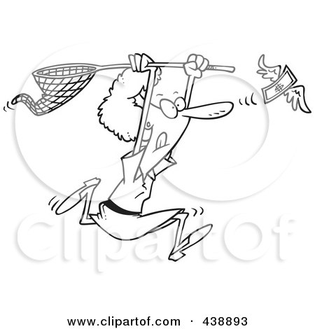 Royalty-Free (RF) Clip Art Illustration of a Cartoon Black And White Outline Design Of A Woman Chasing Money With A Net by toonaday