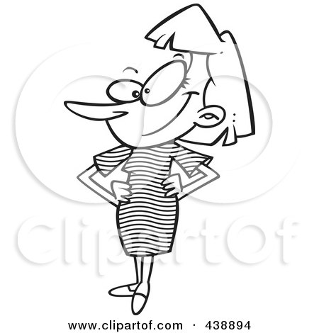 Royalty-Free (RF) Clip Art Illustration of a Cartoon Black And White Outline Design Of A Woman Showing Off Her New Dress by toonaday