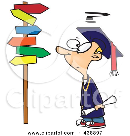 Royalty-Free (RF) Clip Art Illustration of a Cartoon Graduate Boy Staring At Many Signs by toonaday