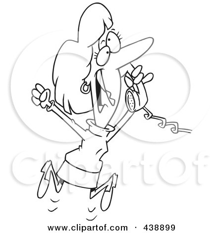 Royalty-Free (RF) Clip Art Illustration of a Cartoon Black And White Outline Design Of A Woman Jumping And Hearing Happy News On The Phone by toonaday