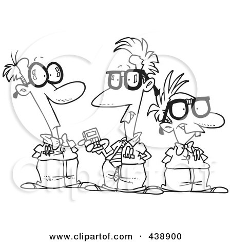 Royalty-Free (RF) Clip Art Illustration of a Cartoon Black And White Outline Design Of A Group Of Nerds Talking by toonaday