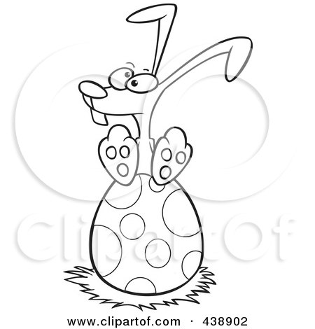 Royalty-Free (RF) Clip Art Illustration of a Cartoon Black And White Outline Design Of A Bunny Nesting On An Easter Egg by toonaday