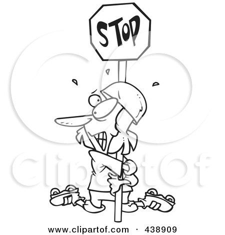 Royalty-Free (RF) Clip Art Illustration of a Cartoon Black And White Outline Design Of A Clumsy Roller Blader Hugging A Stop Sign by toonaday